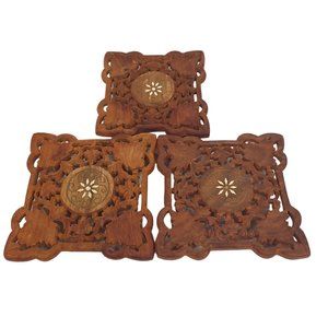 Vintage Wood Carved Trivets Metal Inlay 6" x 6" Hot Plates Floral Leaves India